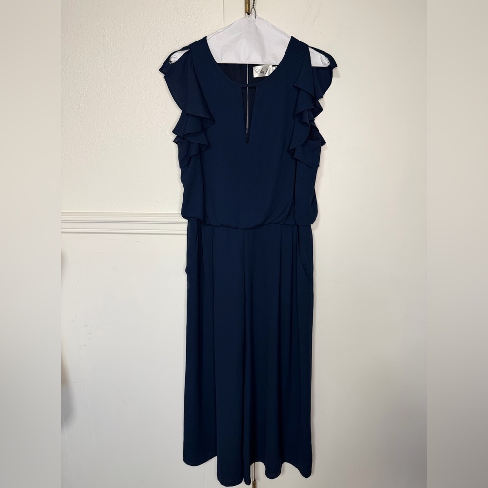 Eliza J Navy Jumpsuit with Ruffle Sleeves size 10